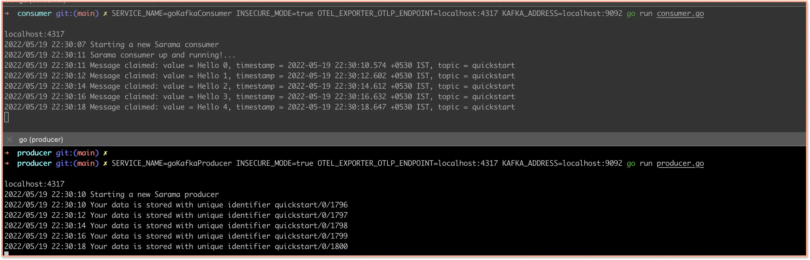 Messages created by the producer and consumed by consumer on the terminal