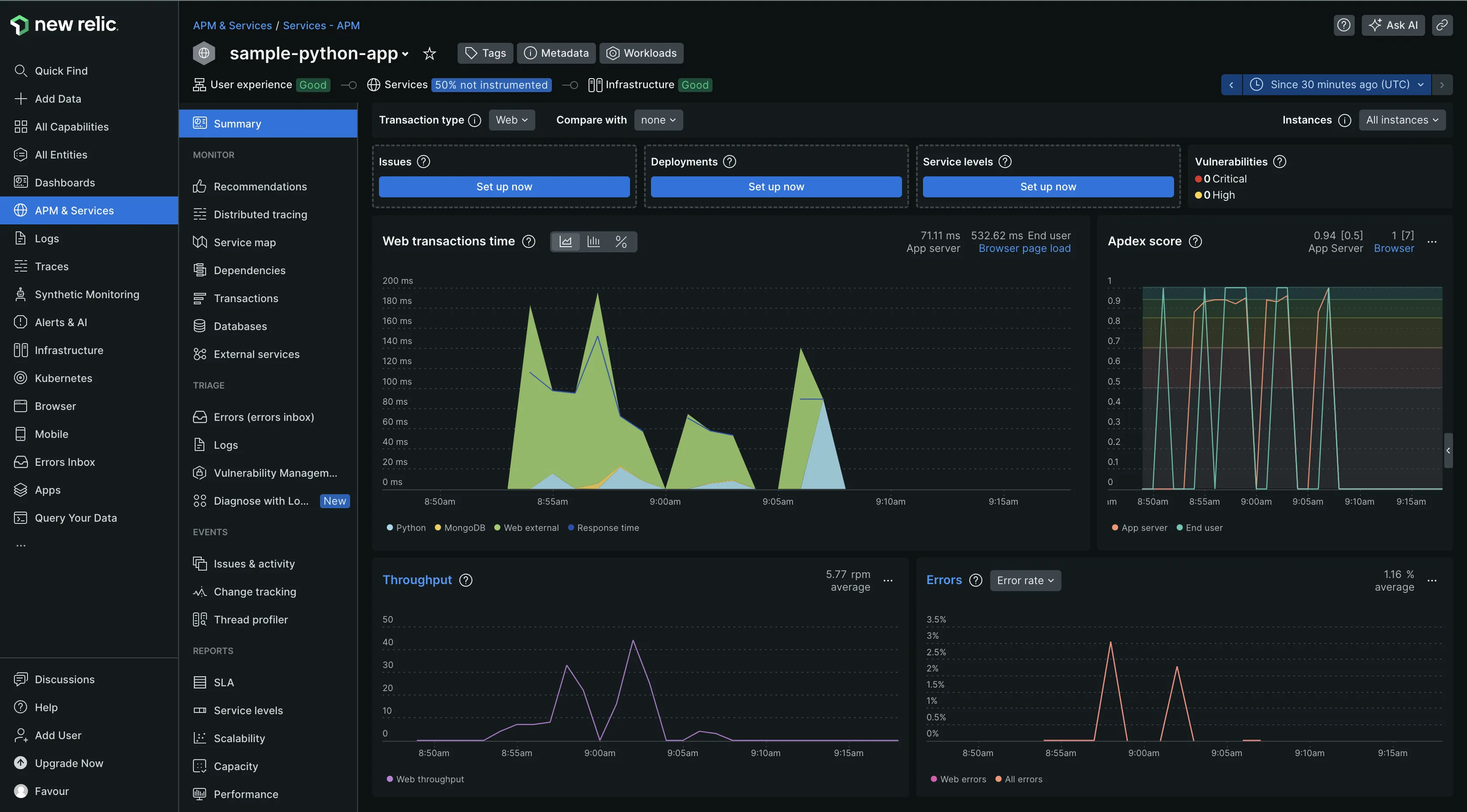 My sample Python application being monitored in New Relic APM