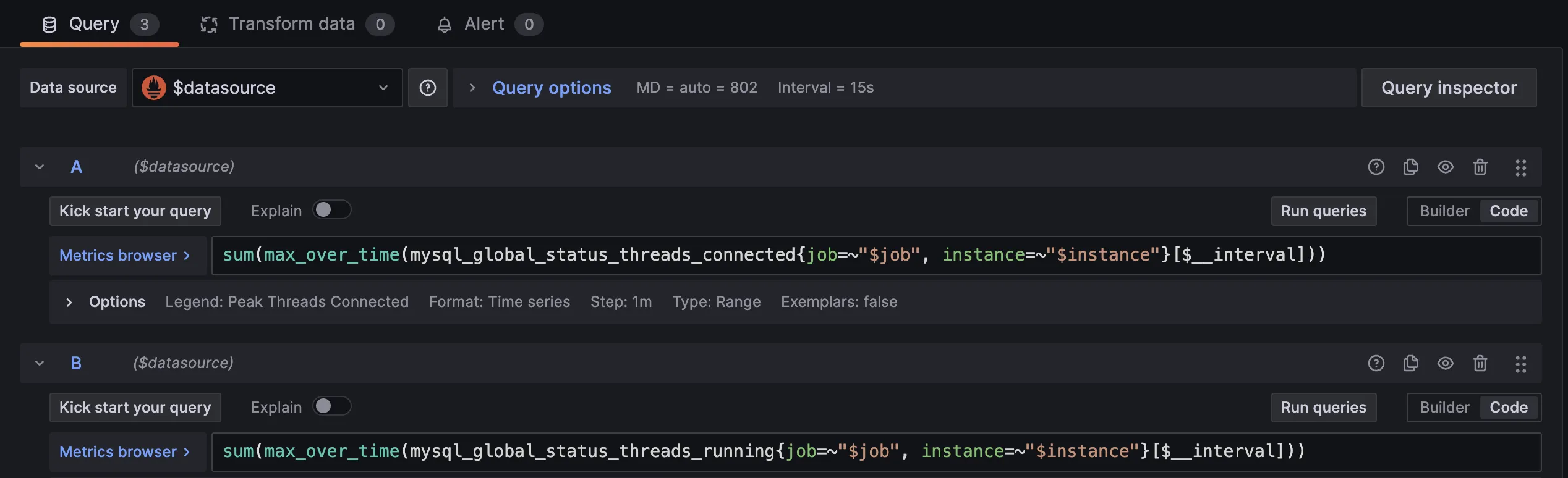 PromQL queries in Grafana with Prometheus as datasource