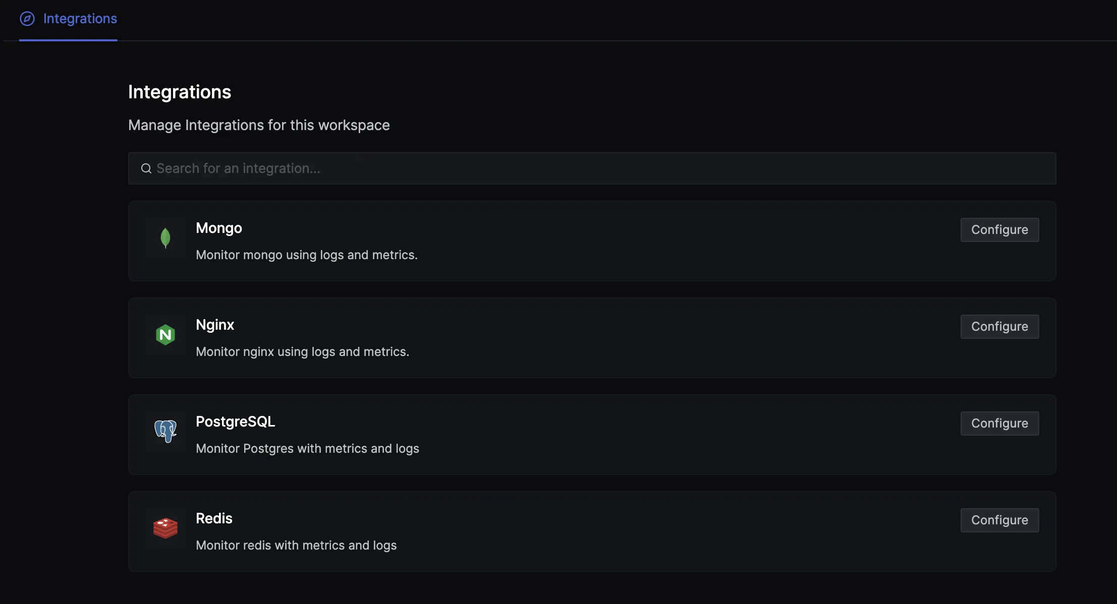 Create dashboards with important logs and metrics quickly with the help of integrations