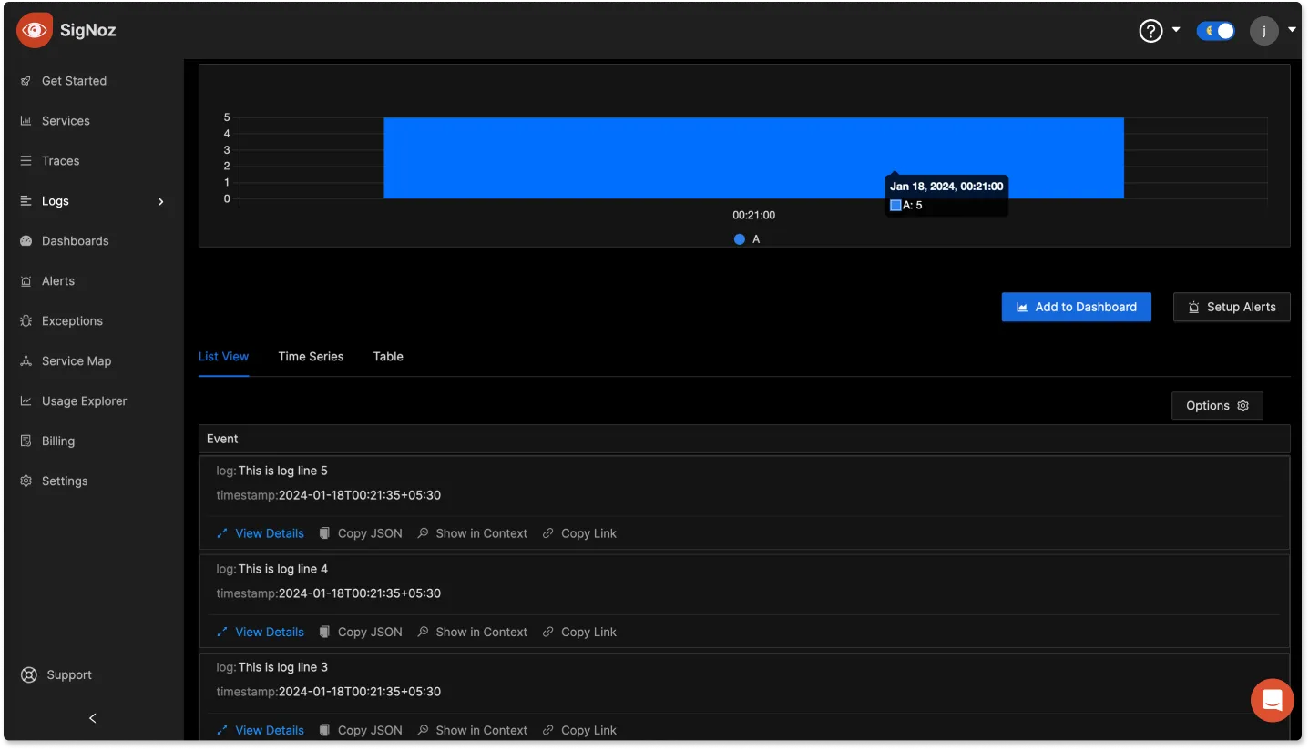 Logs of the dummy app.log file visible in SigNoz