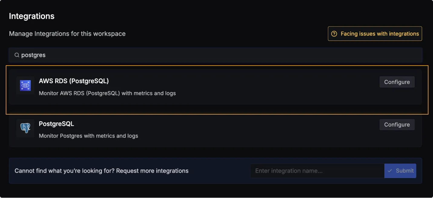 Search for AWS RDS (PostgreSQL) in Integrations tab