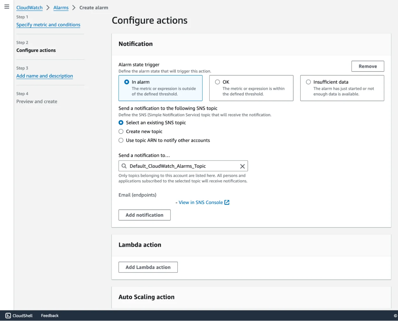 Configure alarm actions